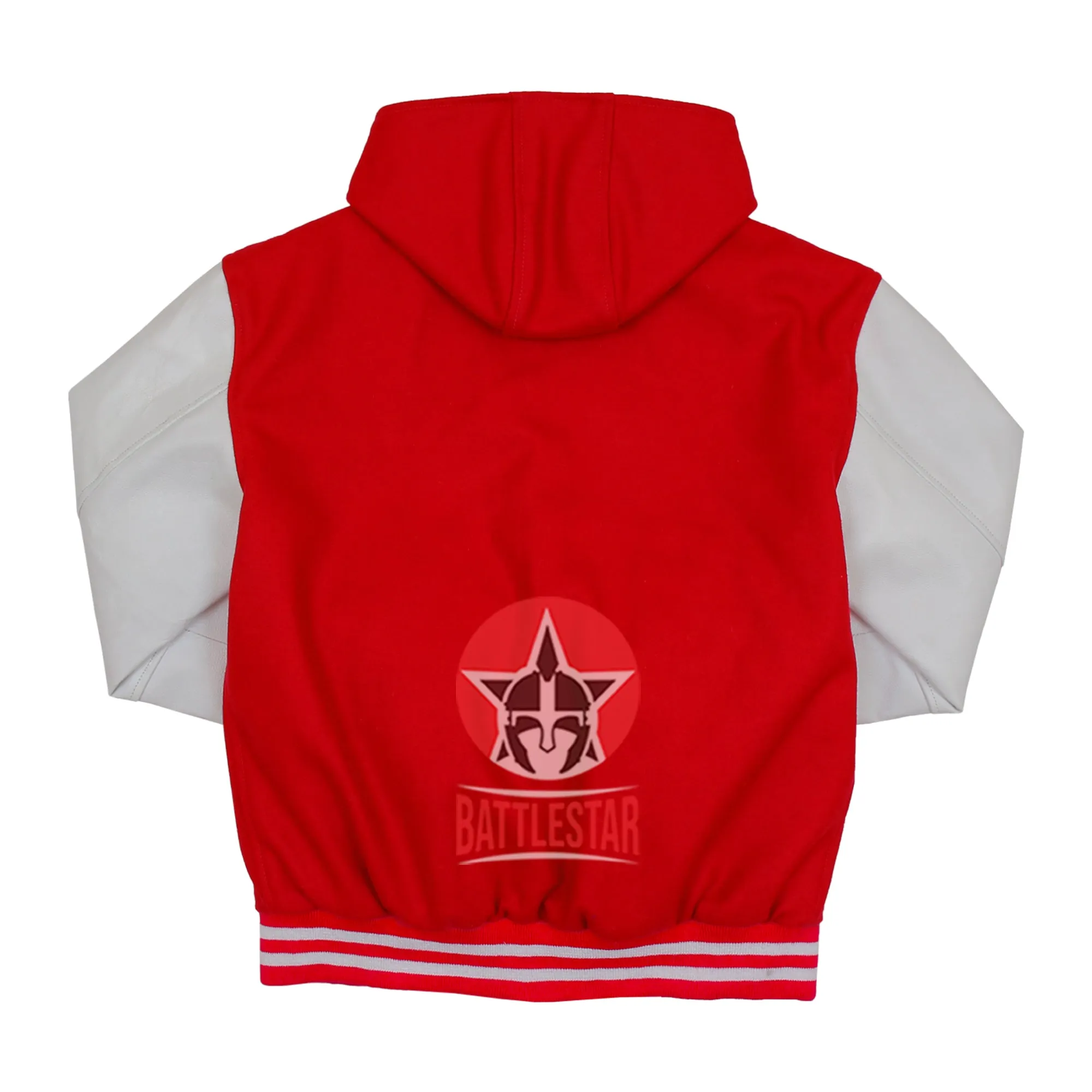 Red Wool White Leather Sleeves Hooded Letterman Varsity Jacket