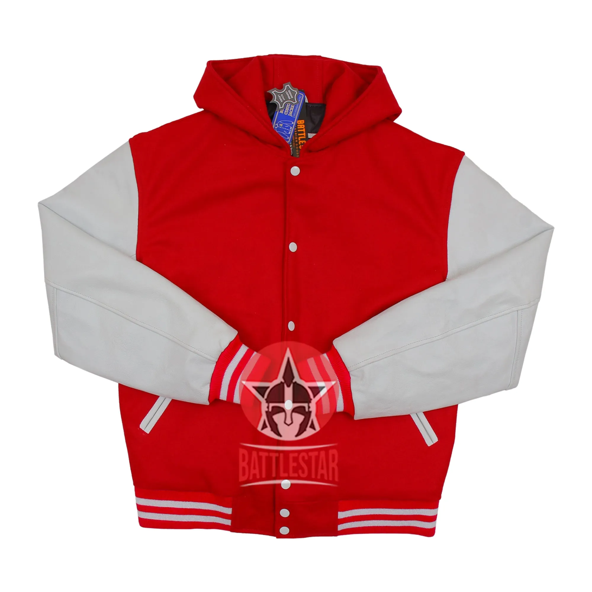 Red Wool White Leather Sleeves Hooded Letterman Varsity Jacket