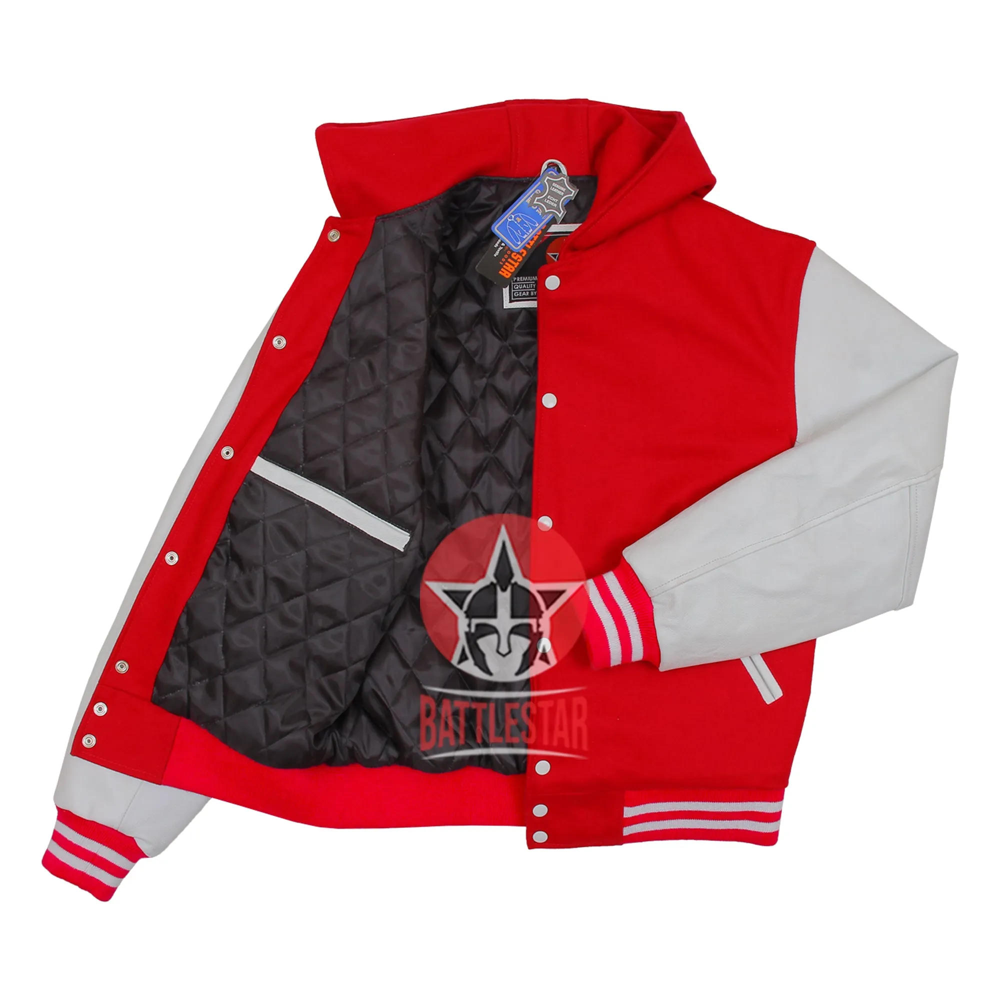 Red Wool White Leather Sleeves Hooded Letterman Varsity Jacket