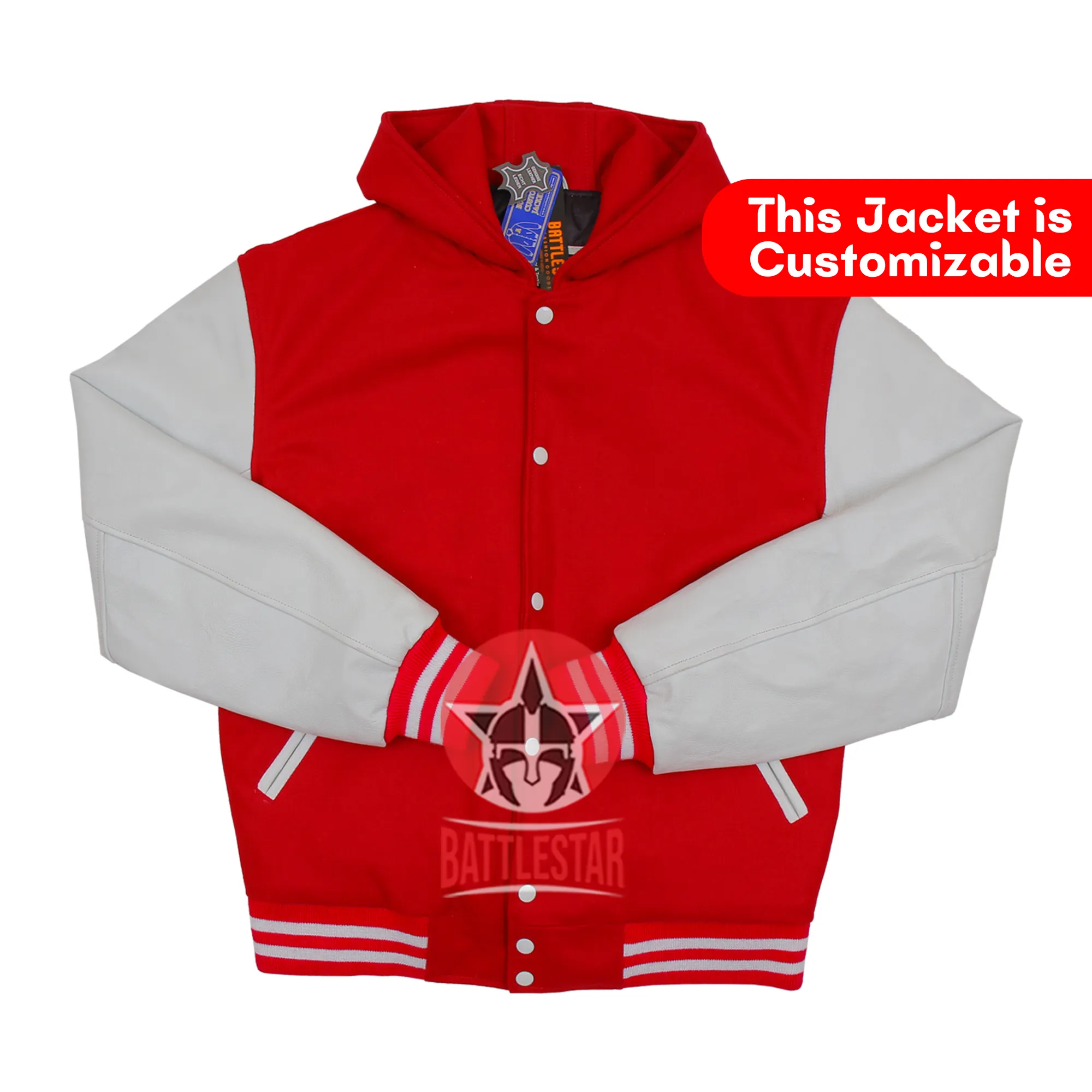 Red Wool White Leather Sleeves Hooded Letterman Varsity Jacket