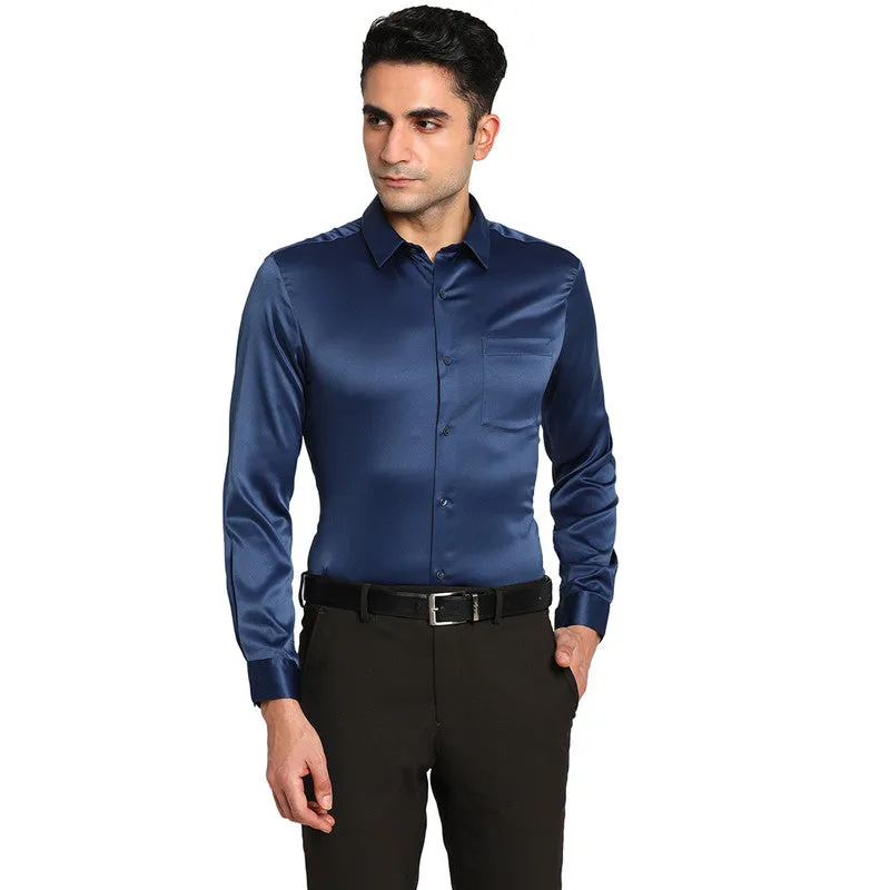 Satin Navy Blue Slim Fit Solid Formal Shirts