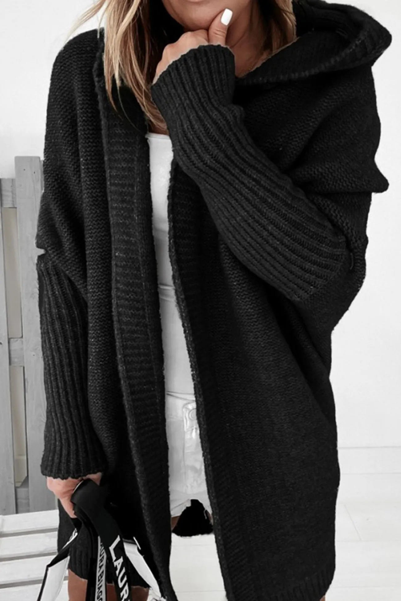 Solid Open Front Hoodie Cardigan