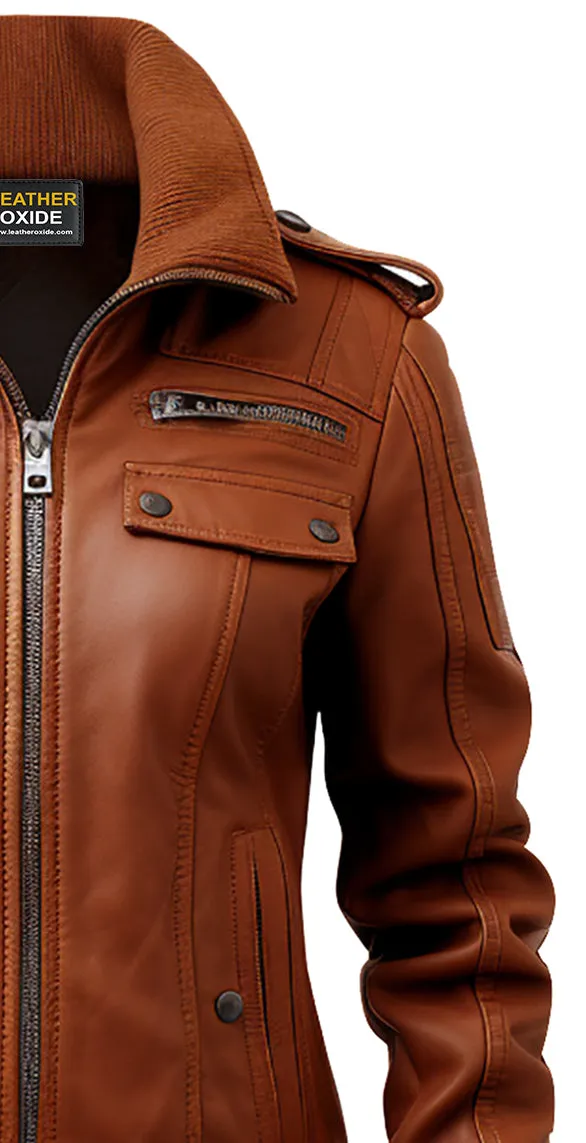 Strap Pocket Leather Jacket Tan Brown