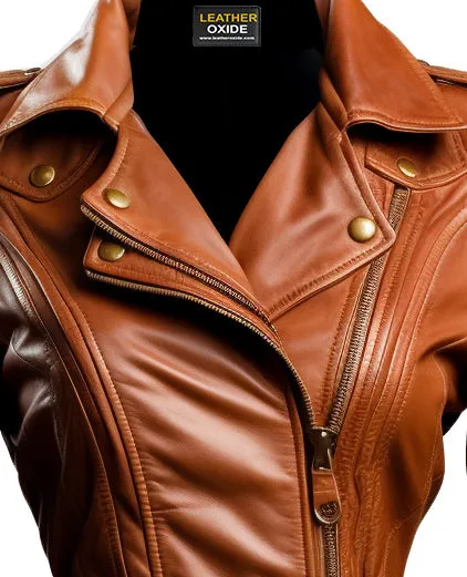 Women Assymetrical Brown Leather Jacket