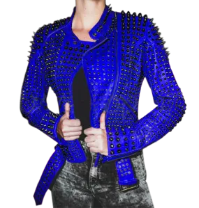 Women blue studded leather jacket,Stylish Jacket