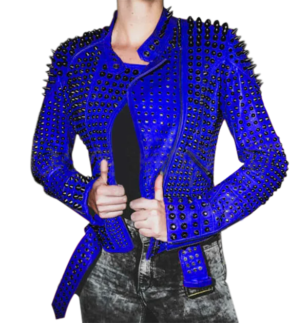 Women blue studded leather jacket,Stylish Jacket