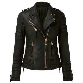 Women Motorcycle Classic Fashion Golden Zipper Leather Jacket