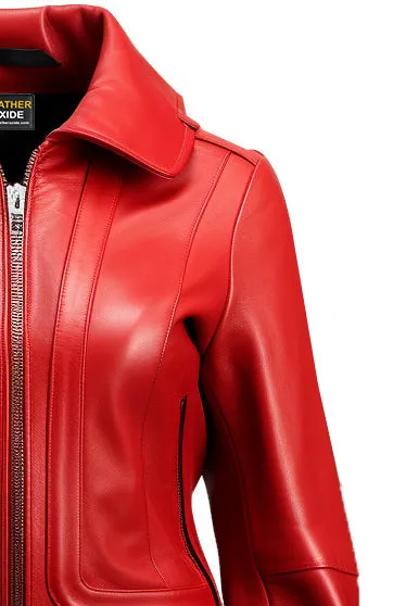 Women Red Bomber Leather Jacket