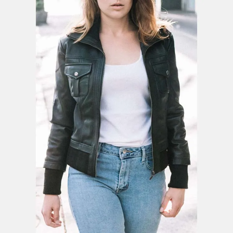 Women’s Black Leather Collared Bomber Jacket