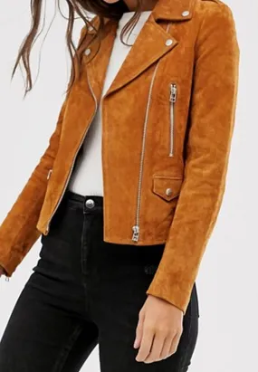 Women’s Genuine Tan Brown Suede Leather Biker Jacket