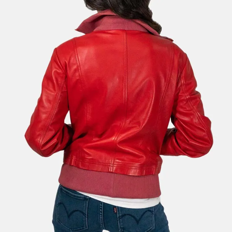 Women’s Red Leather Bomber Jacket