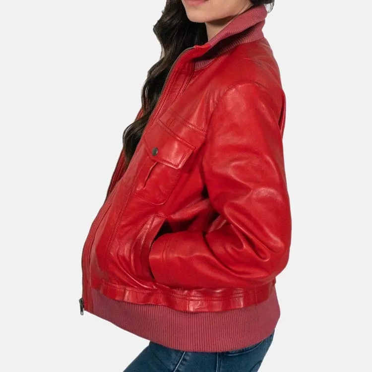 Women’s Red Leather Bomber Jacket