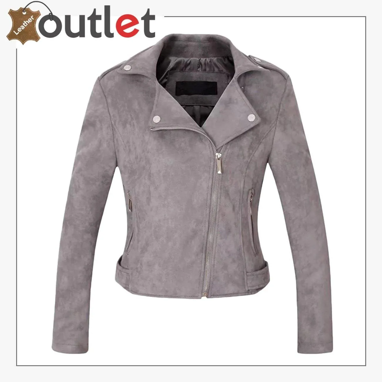 Womens Stylish Notched Collar Oblique Zip Leather Bomber Jacket